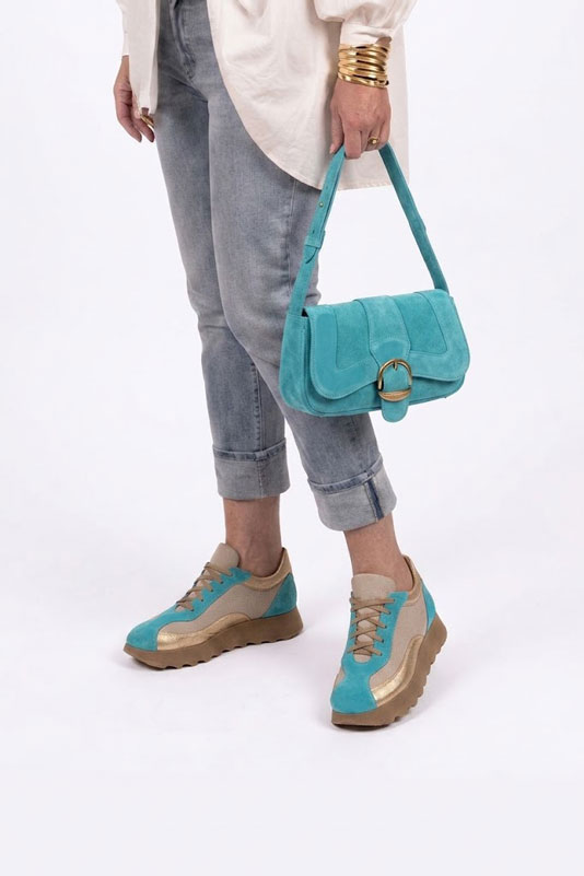 Dress sneakers in aquamarine blue and gold leather with thick rubber soles and round toe - Top view